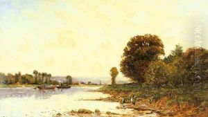 Washerwomen in a River Lanscape with Steamboats beyond