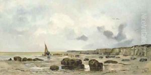 Le retour des pecheurs sur une plage, Normandie by Hippolyte Camille Delpy