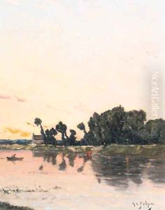 A lake landscape at sunset by Hippolyte Camille Delpy