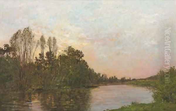 Soleil couchant pres Mantes along a river at dusk - view 1