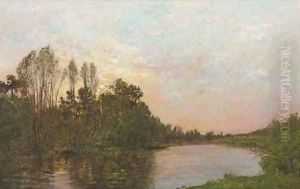 Soleil couchant pres Mantes along a river at dusk by Hippolyte Camille Delpy
