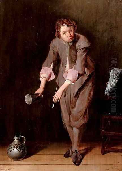 A youth holding a silver cup and a pipe - view 1