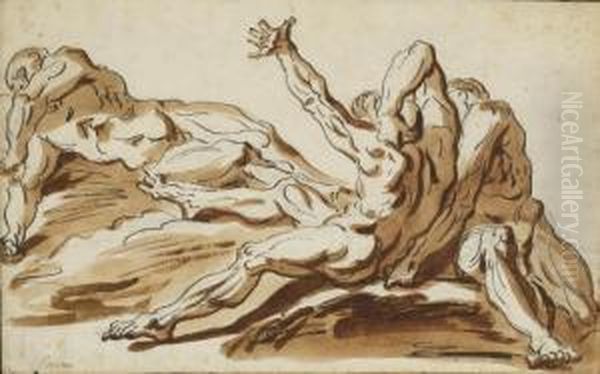 Etude De Trois Hommes Nus A
Demi-allonges (recto); Un Homme Barbu Assis Et Une Etude De Visage De
Profil (verso) - view 1