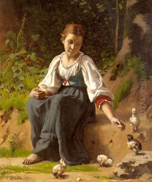 A Young Girl feeding Baby Chicks - view 1