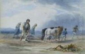 A Ploughman And His Family Working With A Team Of Horses by Henry Perlee Parker