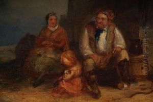 Fisherman Seated On The Shore With His Wifeand Daughter