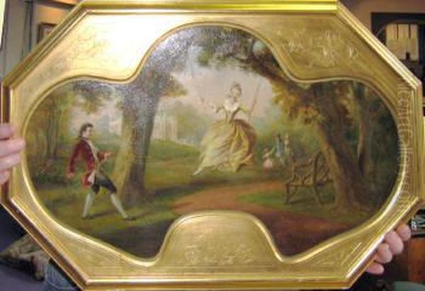 'a Suite On Four Panels,
Including A Girl On Swing With Otherfigures In The Grounds Of A Fine
Villa', Oil On Panels, Signed Anddated, 32cm X 63cm , Framed - view 1