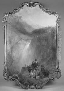 Highland Stag Hunting Scene Near A Waterfall In A Mountainous Landscape by Edmund Thomas Parris