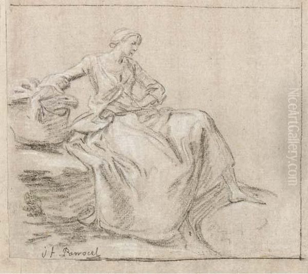 A Woman Resting On A Basket Turned To The Right - view 1