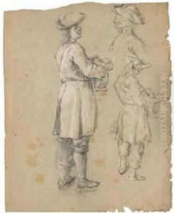 Un Homme De Profil A Droite 
Portant Un Tricorne Et Tenant Un Objet,avec Deux Etudes Subsidiaires