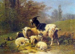 Sheep and Goats Resting on a Riverbank by Henri De Beul