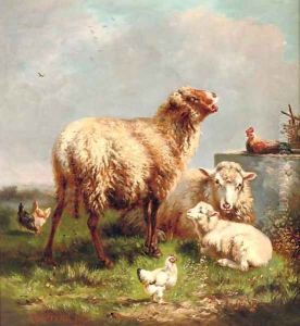 Sheep and chickens in a pasture