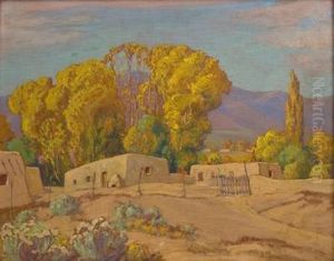 New Mexico Scene With Trees Behind Adobes by Sheldon Parsons