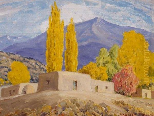 Adobes And Poplars In Fall, New Mexico - view 1