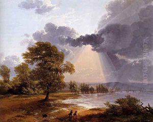 A River Landscape With An Approaching Storm, Figures Running In The Foreground by Simon-Joseph-Alexandre-Clement Denis
