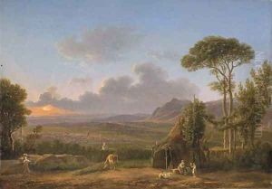 An extensive Italianate landscape at sunset, with a peasant family by a hut by Simon-Joseph-Alexandre-Clement Denis