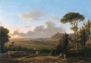 An Italianate Landscape with a family before a hut, a town beyond by Simon-Joseph-Alexandre-Clement Denis