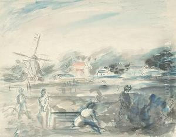 Figures With Windmill And Houses In The Background - view 1
