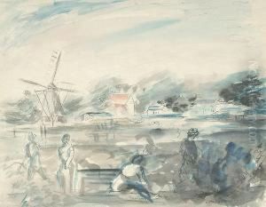 Figures With Windmill And Houses In The Background by Alfred Partikel