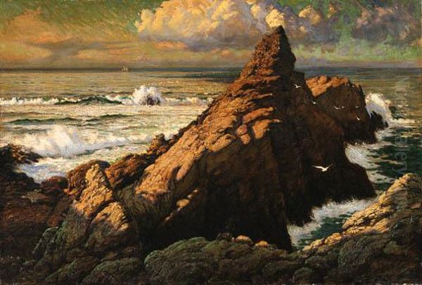 Rock In Sea, Sailing Ship On The Horizon - view 1
