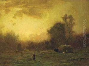 Figures Harvesting At Dusk