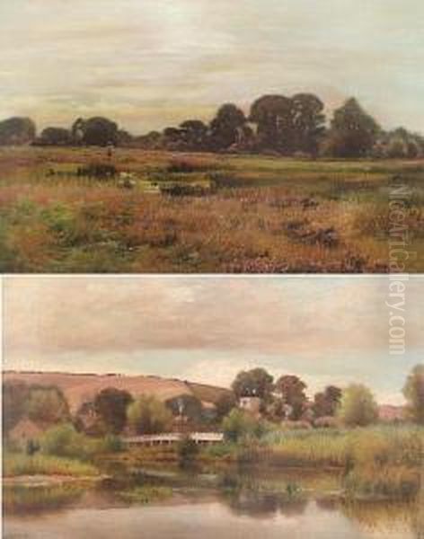 Farmhouses Near A River; A River Landscapewith A Bridge (a Pair) - view 1