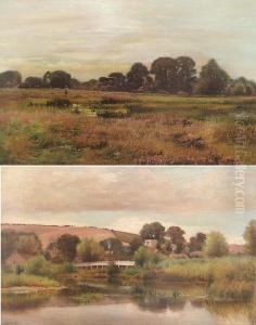 Farmhouses Near A River; A River Landscapewith A Bridge (a Pair)