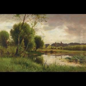 Scenery On A Sunlit River With Cows Grazing
