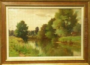 Figure On A Footbridge In A Spring Landscape