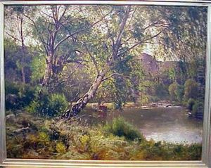 Birches Along A River With Cows