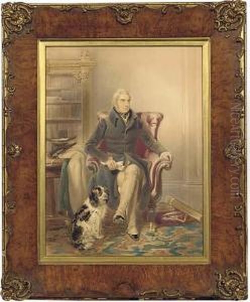 Portrait Of A Gentleman, Seated
Small Three-quarter-length, In Ablack Coat, In A Library, A Spaniel By
His Side - view 1
