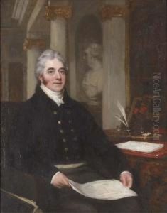 Portrait Of A Gentleman, Small 
Seated Three-quarter-length, Holding Architectural Drawings, In A 
Neo-classical Interior