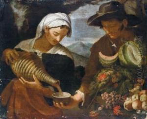 Una Donna Che Versa Vino Nella Scodella Di Un Fruttivendolo
