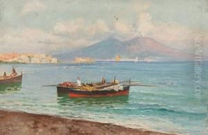 Italian Coastal Scene With
Fisherman Bringing In The Catch, Together With Another Similar Of
Fishermen In Sailing Boats By The Shore, A Pair, Unframed by Lazzaro Pasini