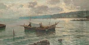 The Harbour At Sunset; Bringing In The Catch by Lazzaro Pasini