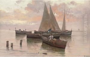 Fishermen In The Bay Of Naples, Dusk by Lazzaro Pasini