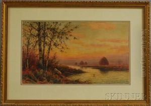 Haystacks Along The River At Sunset by William Frederick Paskell