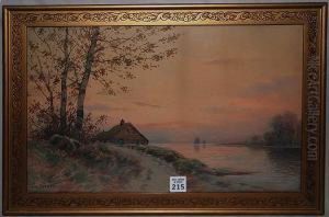 House By Lake At Sunset by William Frederick Paskell