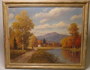 White Mountain Landscape With River And Road In Foreground.
