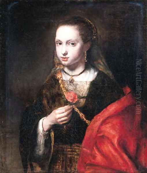 A young woman, small half-length, in a brown dress with a red mantle, a rose in her right hand - view 1