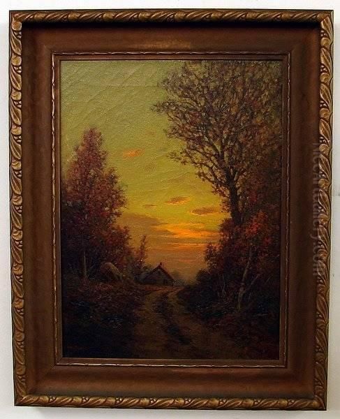 Sunset Landscape With Tree Lined Road To Cottage - view 1