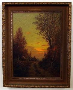 Sunset Landscape With Tree Lined Road To Cottage
