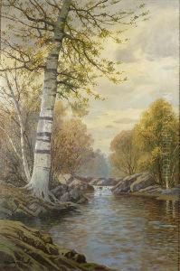 Ariverscape With Tall Birch Tree At Left.