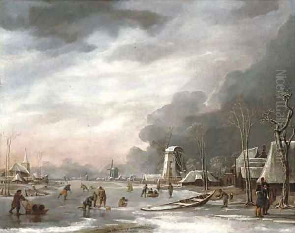 A winter landscape with villagers sledging on a frozen lake, a church beyond - view 1