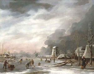 A winter landscape with villagers sledging on a frozen lake, a church beyond