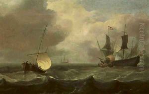 Sailing vessels in a stiff breeze with a man o'war firing a salute