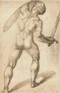 A Nude Seen From Behind Holding A Sword And A Shield