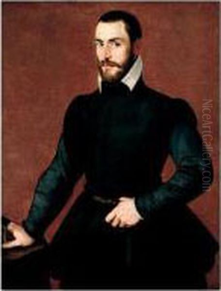 Portrait Of A Gentleman,
Three-quarter Length, Standing, Wearing Black, Holding A Glove In His
Right Hand And Resting On A Table - view 1