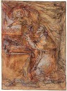 A Kneeling Figure Of A Pope Praying In Front Of A Crucifix by Giuseppe Passeri