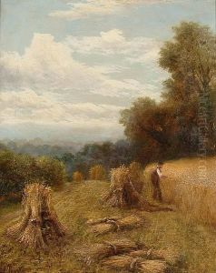 Country Landscape With Figure Working In A Hayfield In The Foreground